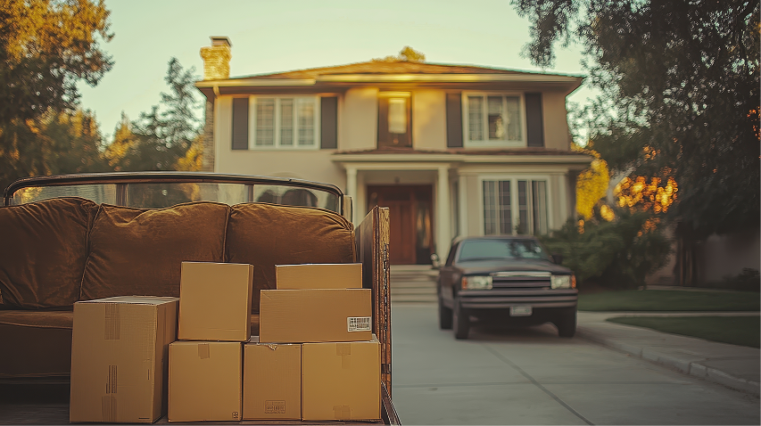 moving-day-boxes-furniture-front-suburban-house-with-car-driveway-sunset 1